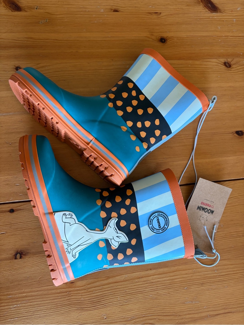 Reima Moomin Kids Waterproof Rain Boots in Teal & Orange with Playful Pattern